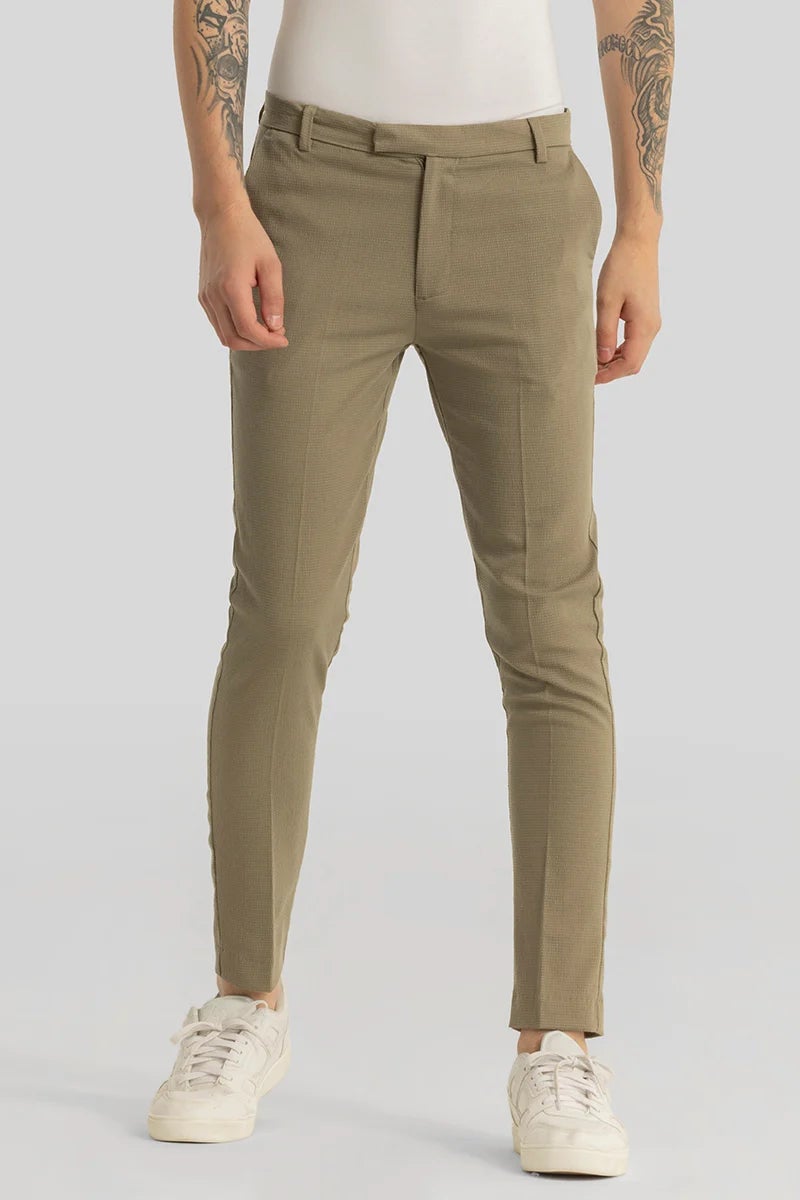 SNITCH Yann Khaki Plain Slim Fit Trousers - Image 1